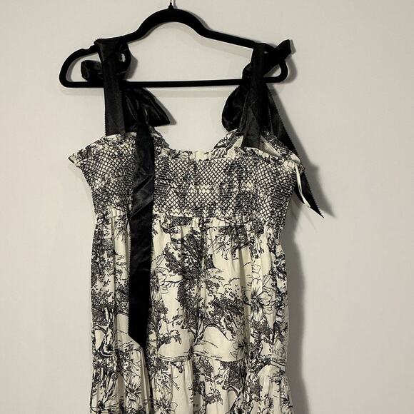 Davi & Dani Black Cream Toile Tiered Ribbon Shoulder Tie Maxi Dress Size Large - Picture 9 of 14